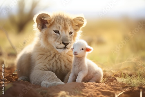 cute animal photography of a lion and lamb photo