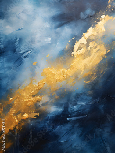 Dark blue textured oil paint wit golden elements, abstract background © TatjanaMeininger
