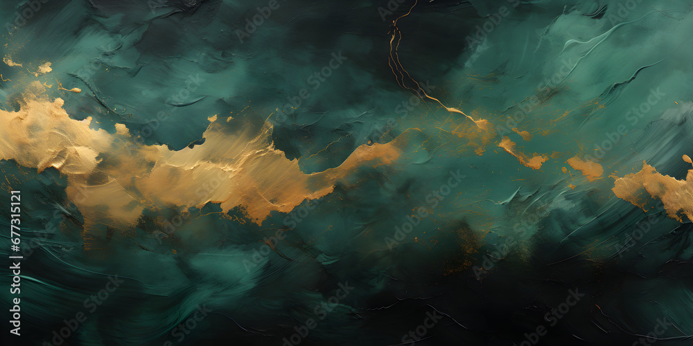 Dark green textured oil paint wit golden elements, abstract background - obrazy, fototapety, plakaty 