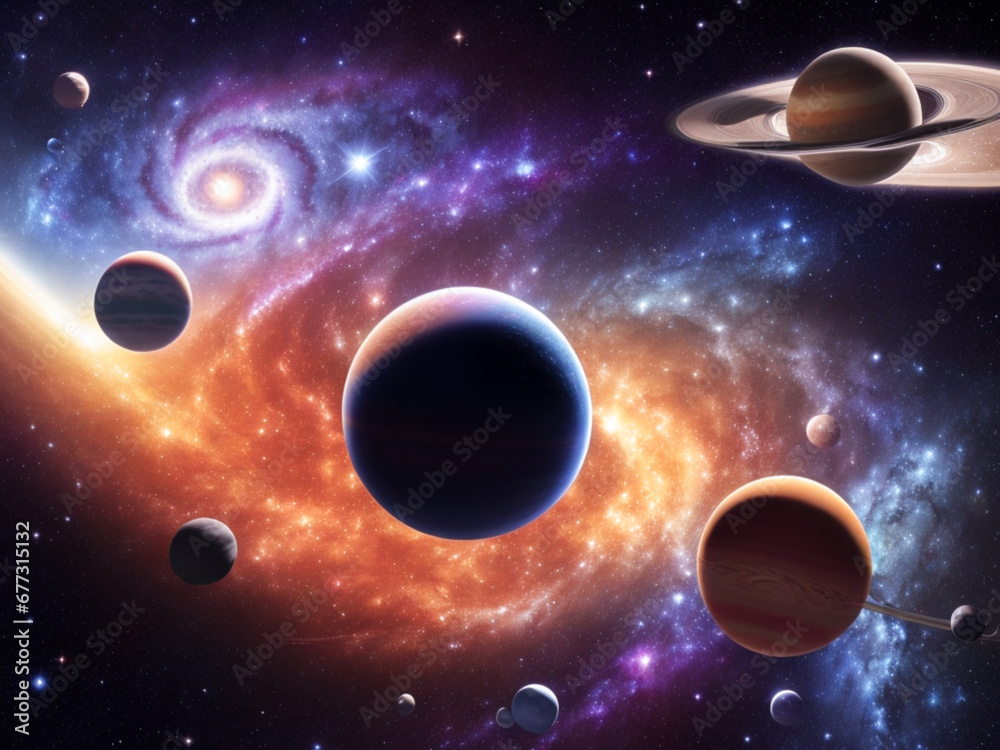 Naklejka premium Planets of the solar system against the background of a spiral galaxy in space, ai generated