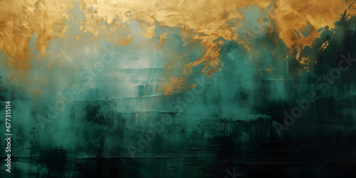 Dark green textured oil paint wit golden elements, abstract background © TatjanaMeininger