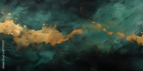 Dark green textured oil paint wit golden elements  abstract background