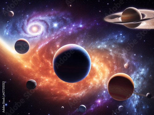 Planets of the solar system against the background of a spiral galaxy in space, ai generated