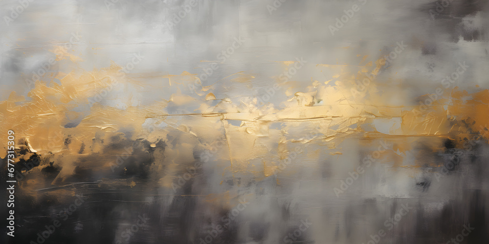 Grey textured oil paint wit golden elements, abstract background