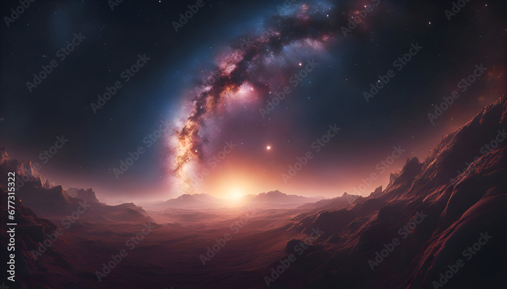 Fantasy alien planet. Mountain and nebula. 3D illustration