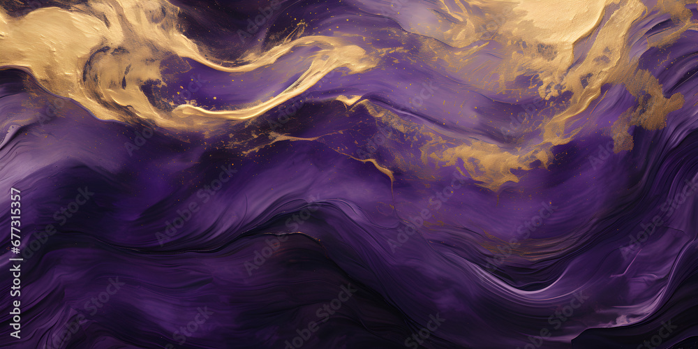 Purple textured oil paint wit golden elements, abstract background - obrazy, fototapety, plakaty 