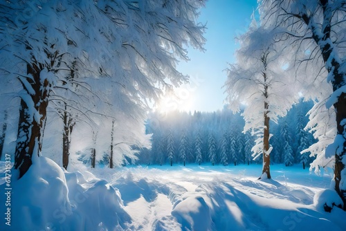Beautiful winter landscape with snow covered Christmass trees © Eun Woo Ai