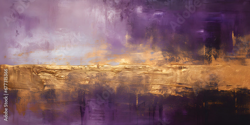 Purple textured oil paint wit golden elements, abstract background