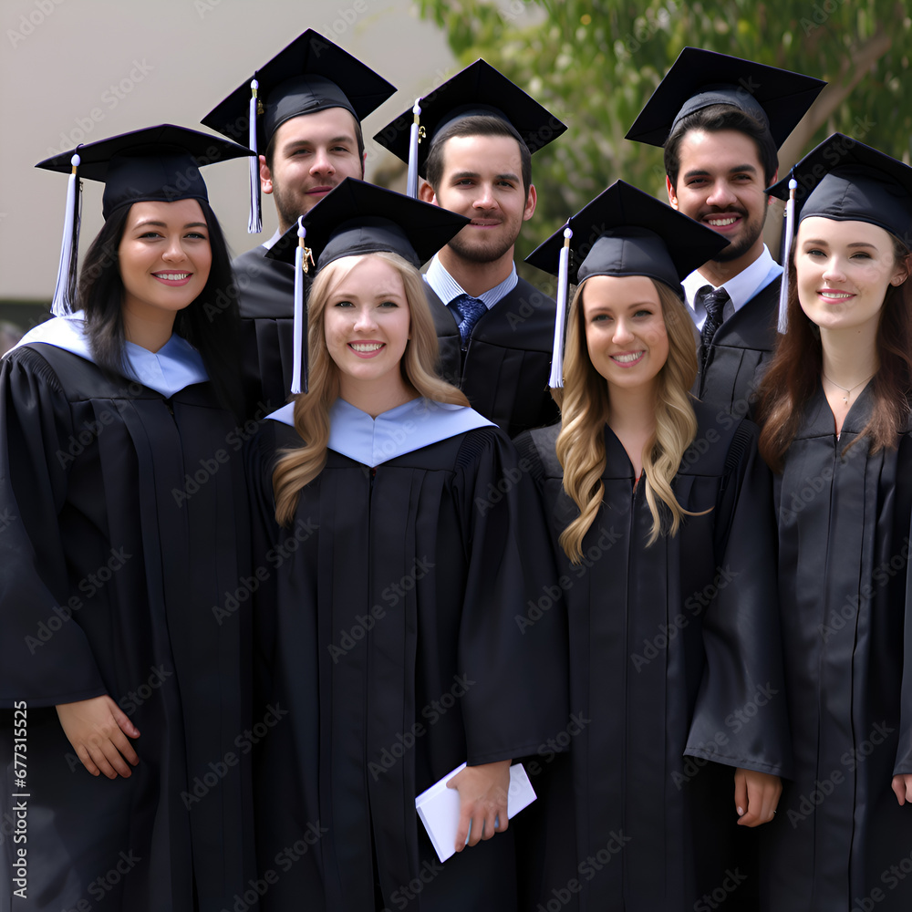 Group of happy graduates in mortar boards and gowns. Education concept