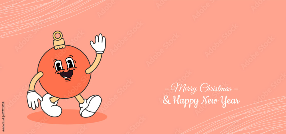Cartoon Christmas ball character. New Year greeting card. Posters, holiday covers in modern minimalist cartoon style. Vector illustration Cartoon Christmas ball character. New Year greeting card. Posters, holiday covers in modern minimalist cartoon style. Vector illustration