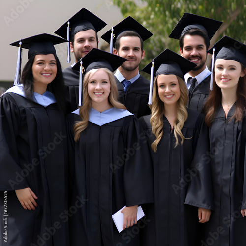 Group of happy graduates in mortar boards and gowns. Education concept