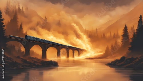 sunset over the bridge  A burning train on fire, exploding, that crosses an exploding bridge being blown up, over a river   photo