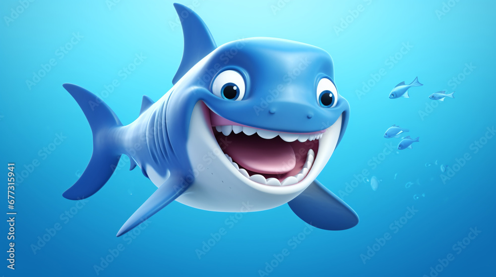Obraz premium cartoon, cute shark with a wide smile swims in the blue waters of the ocean.