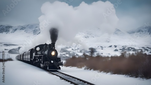 winter in the village A steam train on a cold and snowy day in the winter. The train is a cozy and warm refuge, 
