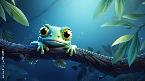 A green, cartoon frog is holding on to a tree in the night forest. Stylized cartoon character design with space for text.