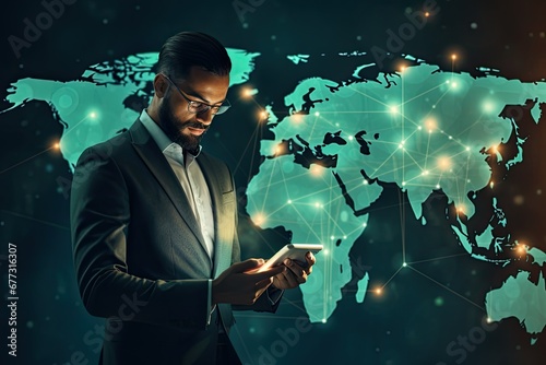 business worker holding phone with map icons floating above it  in the style of light indigo and light emerald  global influences