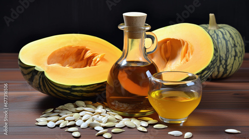 Still life with pumpkin seed oil in a glass carafe, pumpkin seeds and pumpkins as decortation on a wooden table against a dark background  photo