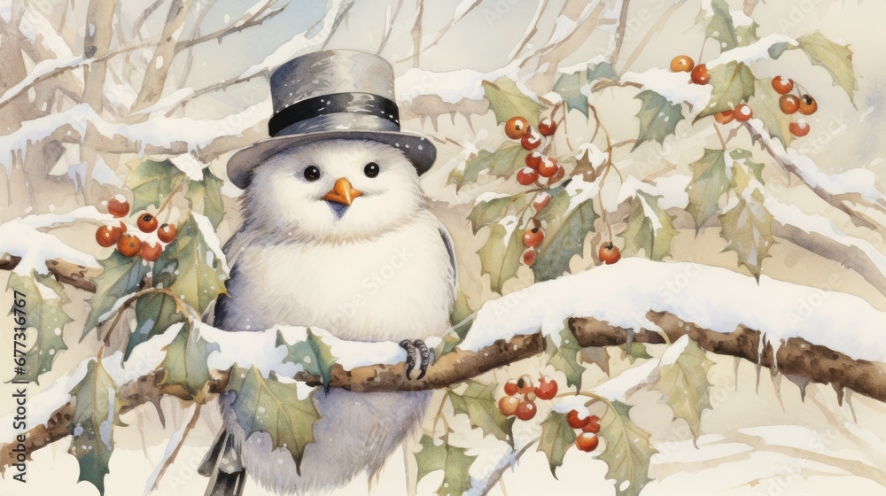 Obraz premium a painting of a bird wearing a top hat and sitting on a branch of a tree with berries on it.