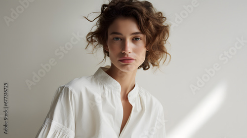 natural candid shot of one woman, sensitive skin, oily face, average woman, the woman is wearing modern clothing in white and neutral colors