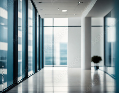 a Beautiful blurred background of a light modern office interior with panoramic windows and beautiful lighting.