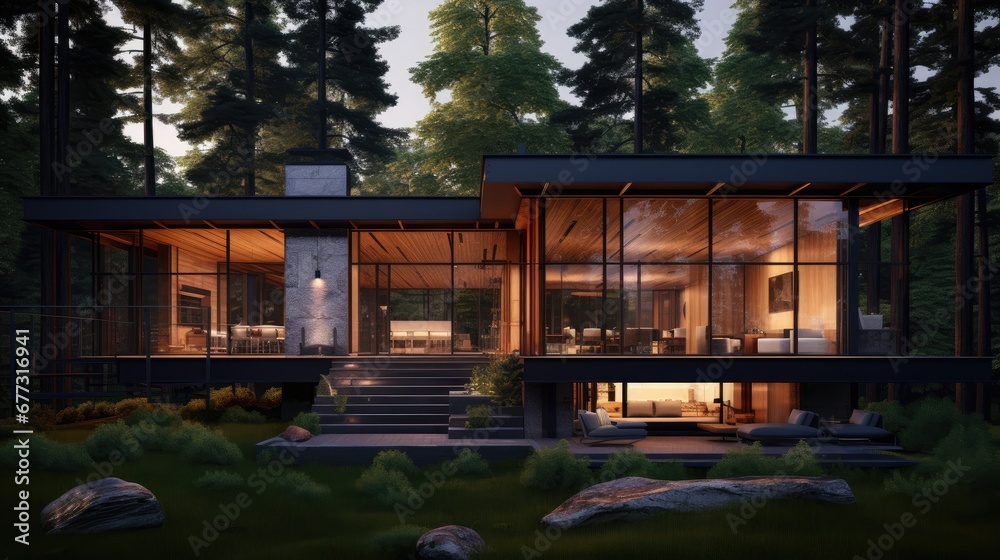  an artist's rendering of a modern house in the woods at night with a porch and stairs leading to the upper level of the house.