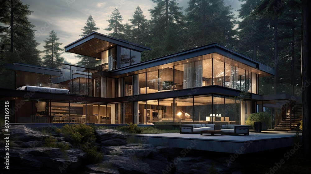 a large house sitting on top of a lush green forest next to a forest filled with lots of tall trees. a large house sitting on top of a lush green forest next to a forest filled with lots of tall trees.