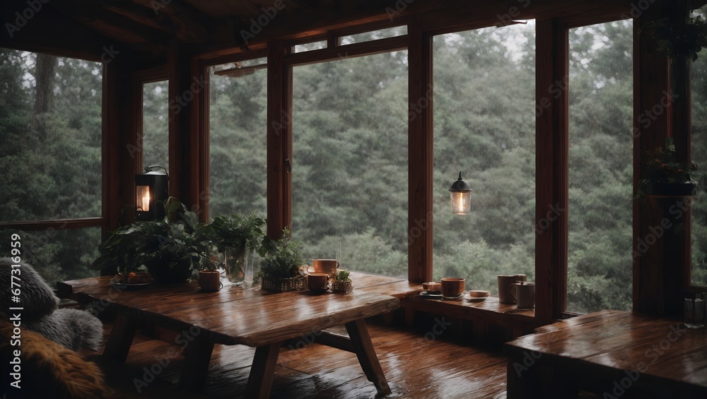 Fototapeta premium A cozy cabin in the woods, rain tapping against the windows, creating a soothing and calming ambiance, perfect for a relaxing getaway. Generative AI.