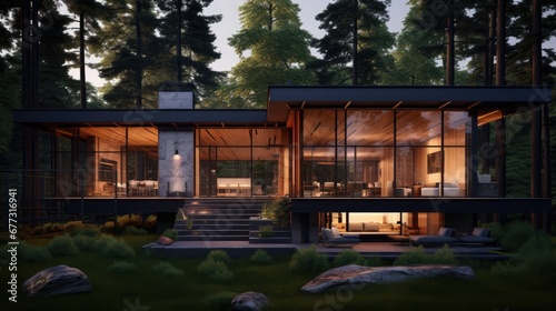  an artist's rendering of a modern house in the woods at night with a porch and stairs leading to the upper level of the house. © Anna