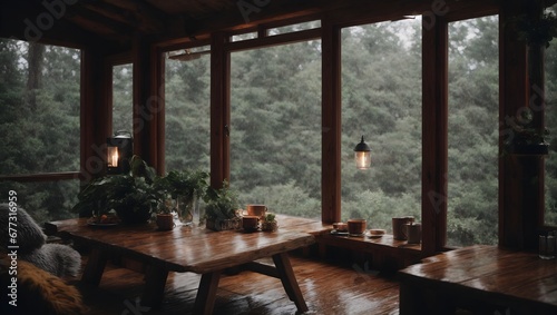 A cozy cabin in the woods, rain tapping against the windows, creating a soothing and calming ambiance, perfect for a relaxing getaway. Generative AI. 