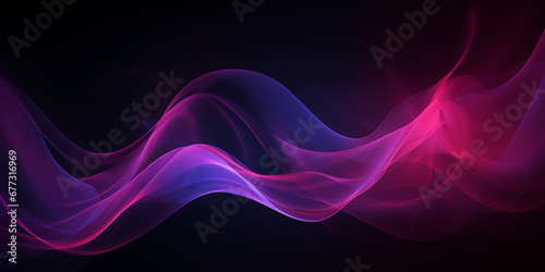 A vibrant purple and pink smoke wave against a dark black background, Abstract background with cool waves consisting of streams of light