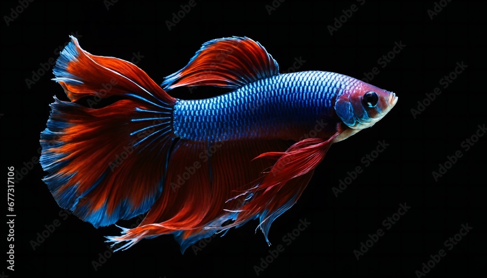 Fototapeta premium Beautiful Betta fish wallpaper. Colorful fighting Siamese fish with beautiful silk tail isolated on dark black background 