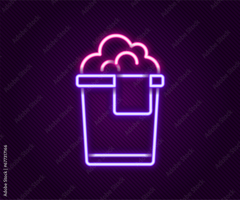 Glowing neon line Bucket with foam and bubbles icon isolated on black background. Cleaning service concept. Colorful outline concept. Vector Glowing neon line Bucket with foam and bubbles icon isolated on black background. Cleaning service concept. Colorful outline concept. Vector