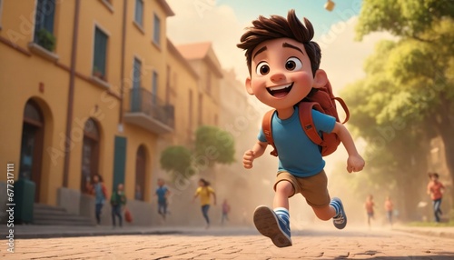 3D Cartoon character of happy student running with copy space © prasanth