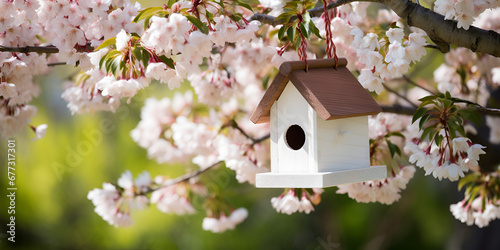 bird house in spring, wooden white  birdhouse hanging from spring flowering tree branch springtime and Easter, white blossoms in background. Generative AI