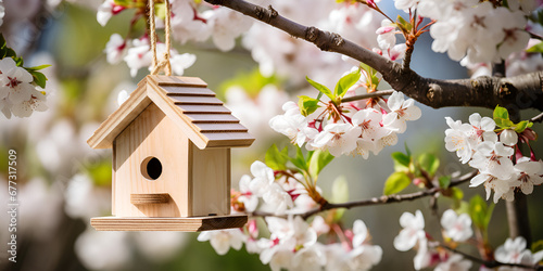bird house in spring, Little Birdhouse in Spring with blossom cherry flower sakura. Generative AI © Rimsha