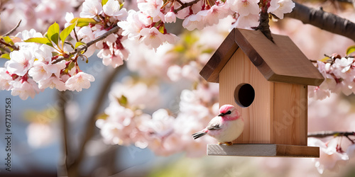 bird house in spring, colorful birdhouses in blossom tree. Decorative nesting box on bright background. Generative AI