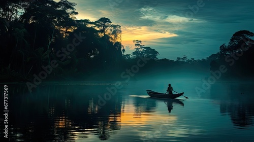  a person in a boat on a body of water with trees in the background and a sky filled with clouds.