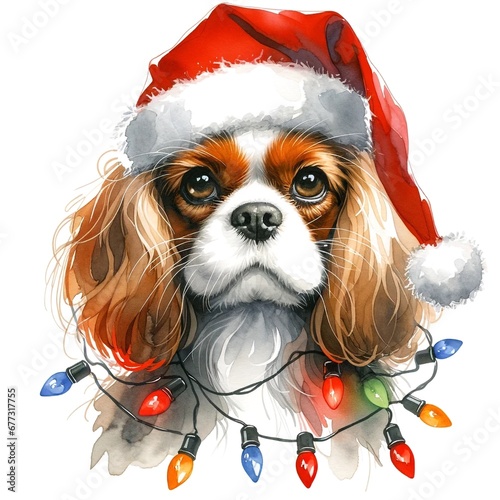 Christmas cavalier in santa hat wrapped in christmas lights created with Generative AI technology photo