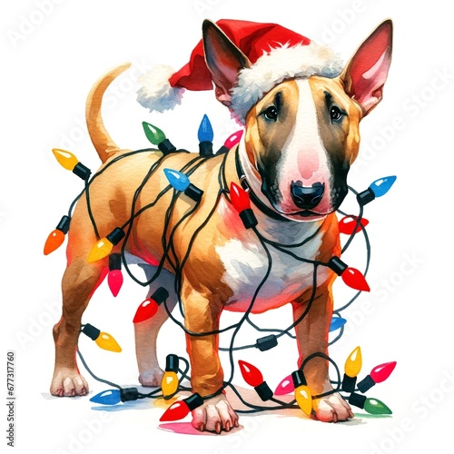 Fotografia Christmas bull terrier in santa hat wrapped in christmas lights created with Gen