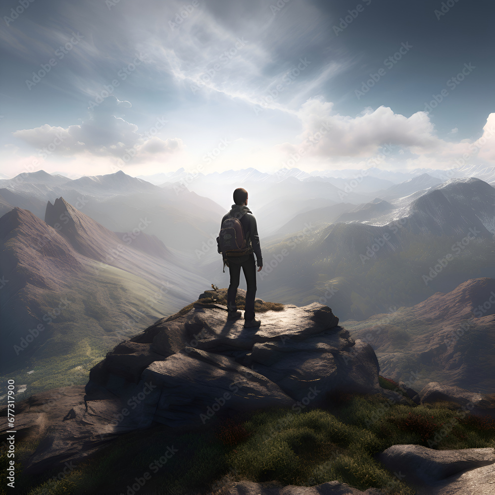 Man standing on the top of the mountain and looking at the valley