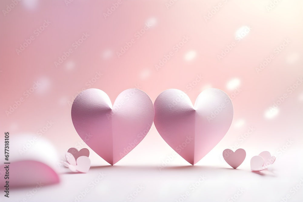 Pastel pink paper pair of hearts. Realistic 3d design, two hearts. Valentine's Day. Romantic city view bokeh background with copy space, creative banner, web poster.