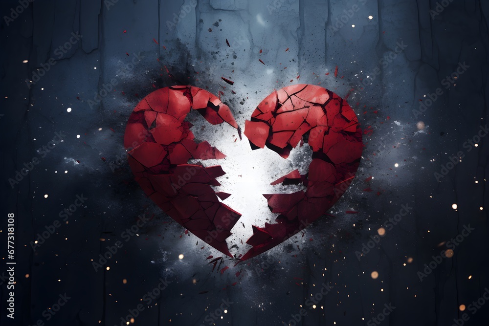 Broken red heart 3d design, exploded shattered into pieces, isolated on dramatic tragic dark black background, raining, crackles, realistic, breakup concept with copy space  - obrazy, fototapety, plakaty 