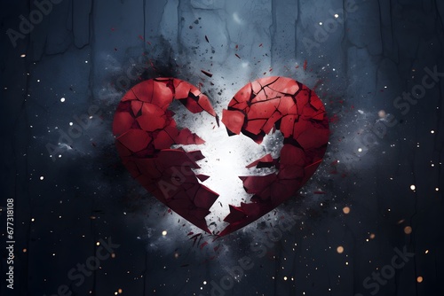 Broken red heart 3d design, exploded shattered into pieces, isolated on dramatic tragic dark black background, raining, crackles, realistic, breakup concept with copy space  photo