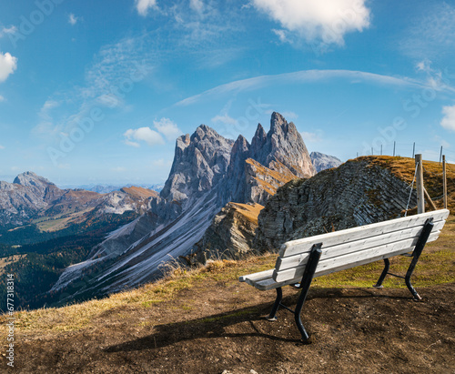 Canvas Print Picturesque autumn Alps mountain scene, famous italian Dolomites Seceda majestic rock, Sass Rigais, Sudtirol, Italy