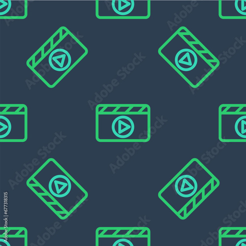 Line Movie clapper icon isolated seamless pattern on blue background. Film clapper board. Clapperboard sign. Cinema production or media industry. Vector