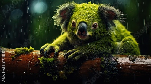 a close up of a koala on a tree branch in the rain with rain drops falling down on it. photo