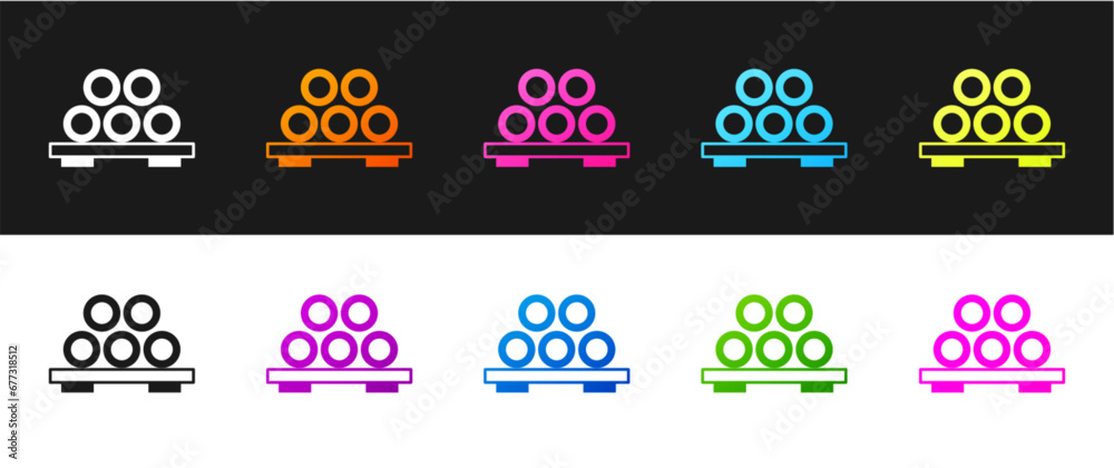 Set Sushi on cutting board icon isolated on black and white background. Asian food sushi on wooden board. Vector