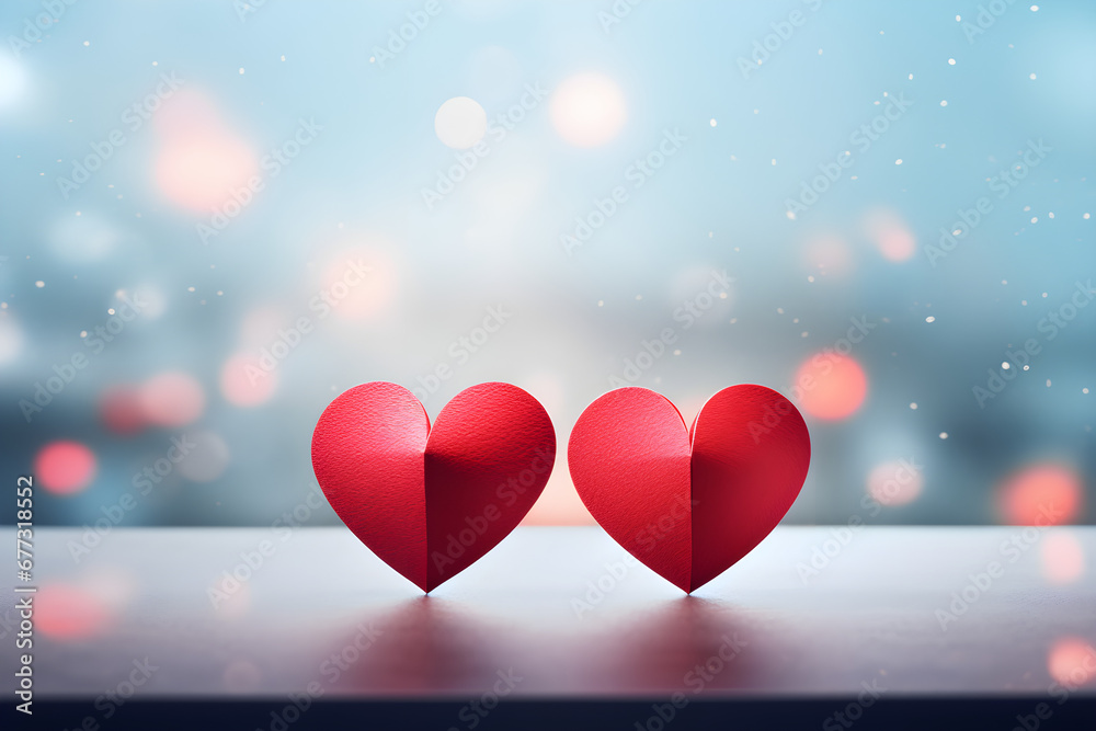 Red pair of hearts. Realistic 3d design, two hearts. Valentine's Day. Romantic city view bokeh background with copy space, creative banner, web poster. Red pair of hearts. Realistic 3d design, two hearts. Valentine's Day. Romantic city view bokeh background with copy space, creative banner, web poster.