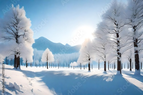 Winter landscape with fair trees under the snow. Scenery for the tourists. Christmas holidays.Created with a blend of 3D renders and generative AL © Eun Woo Ai