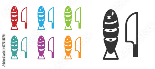 Black Fish with sliced pieces with knife icon isolated on white background. Set icons colorful. Vector